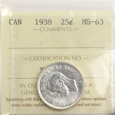 1938 Canada 25-cents ICCS Certified MS-63 (XPJ 538)