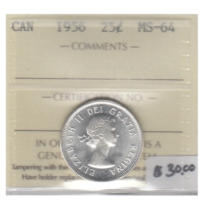 1956 Canada 25-cents ICCS Certified MS-64