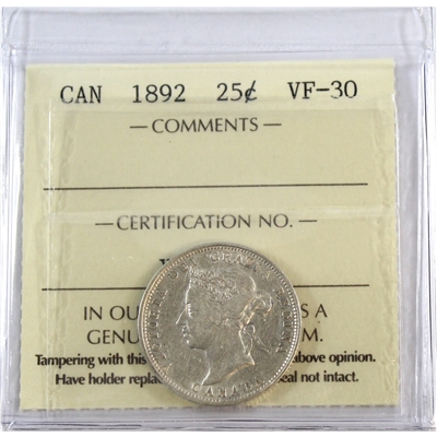 1892 Canada 25-cents ICCS Certified VF-30