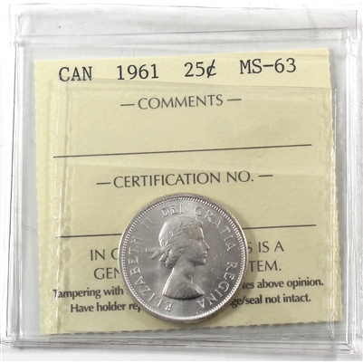 1961 Canada 25-cents ICCS Certified MS-63