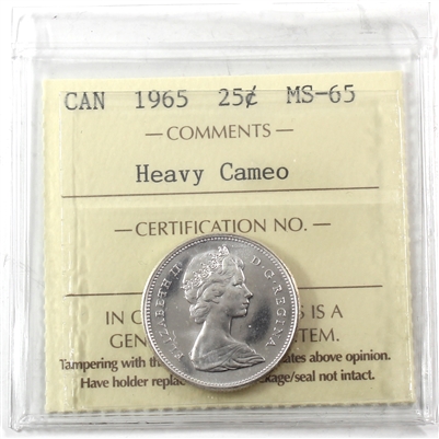 1965 Canada 25-cents ICCS Certified MS-65 Heavy Cameo