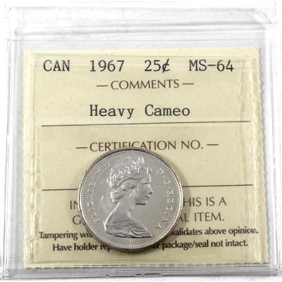1967 Canada 25-cents ICCS Certified MS-64 Heavy Cameo