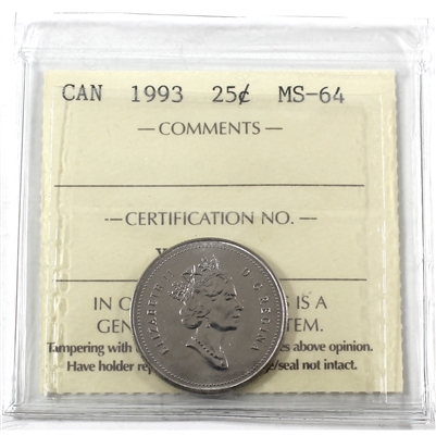 1993 Canada 25-cents ICCS Certified MS-64