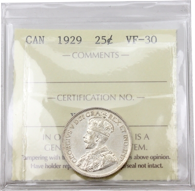 1929 Canada 25-cents ICCS Certified VF-30