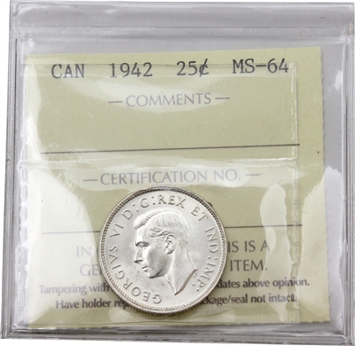 1942 Canada 25-cents ICCS Certified MS-64 (XLV 689)