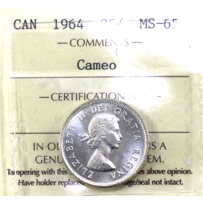 1964 Canada 25-cents ICCS Certified MS-65 Cameo