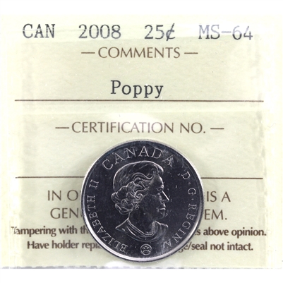 2008 Poppy Canada 25-cents ICCS Certified MS-64