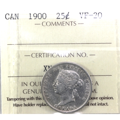 1900 Canada 25-cents ICCS Certified VF-20