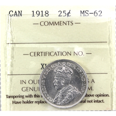 1918 Canada 25-cents ICCS Certified MS-62 (XWQ 781)