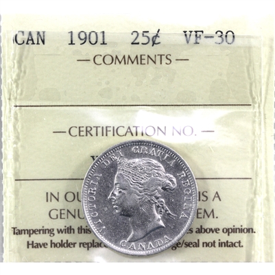 1901 Canada 25-cents ICCS Certified VF-30