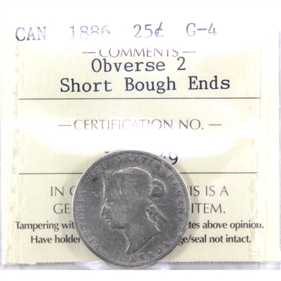 1886 Short Bough Ends, Obv. 2 Canada 25-cents ICCS Certified G-4