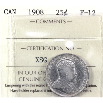 1908 Canada 25-cents ICCS Certified F-12