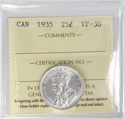 1935 Canada 25-cents ICCS Certified VF-30