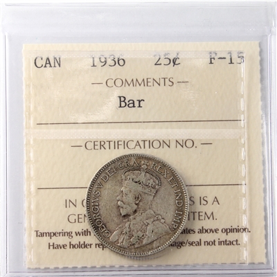 1936 Bar Canada 25-cents ICCS Certified F-15
