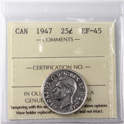 1947 Canada 25-cents ICCS certified EF-45