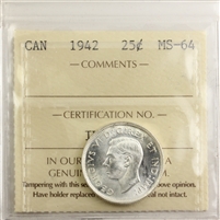 1942 Canada 25-cents ICCS Certified MS-64 (IU 259)