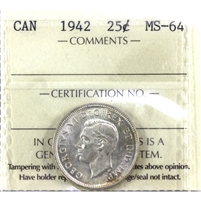 1942 Canada 25-cents ICCS Certified MS-64 (XVC 964)