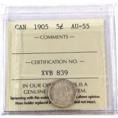 1905 Canada 5-cents ICCS Certified AU-55