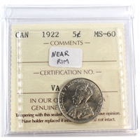 1922 Near Rim Canada 5-cents ICCS Certified MS-60