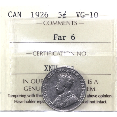 1926 Far 6 Canada 5-cents ICCS Certified VG-10