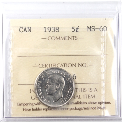 1938 Canada 5-cents ICCS Certified MS-60