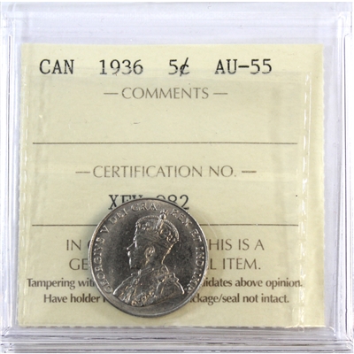 1936 Canada 5-cents ICCS Certified AU-55