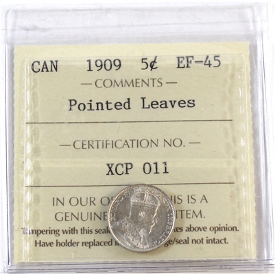 1909 Pointed Leaves Canada 5-cents ICCS Certified EF-45