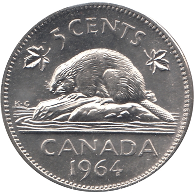 1964 Extra Water Line Canada 5-cents Brilliant Uncirculated (MS-63) $