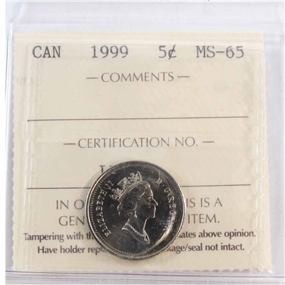 1999 Canada 5-cents ICCS Certified MS-65