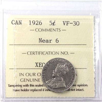 1926 Near 6 Canada 5-cents ICCS Certified VF-30