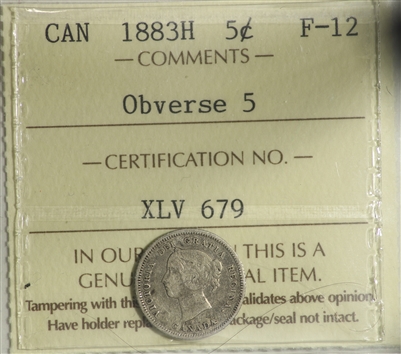 1883H Obv. 5 Canada 5-cents ICCS Certified F-12