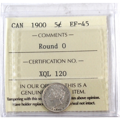 1900 Round O's Canada 5-cents ICCS Certified EF-45