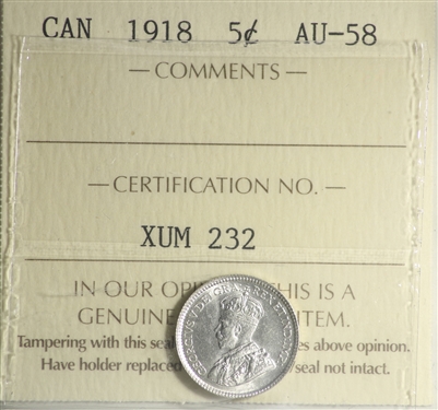 1918 Canada 5-cents ICCS Certified AU-58