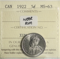 1922 Near Rim Canada 5-cents ICCS Certified MS-63