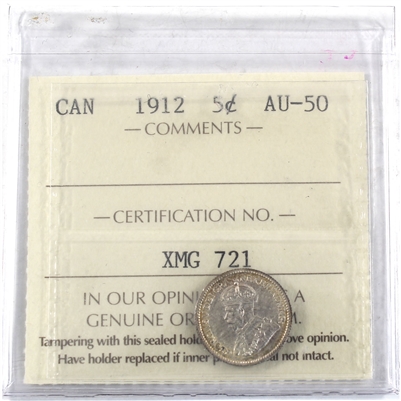 1912 Canada 5-cents ICCS Certified AU-50