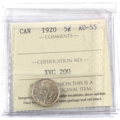 1920 Canada 5-cents ICCS Certified AU-55