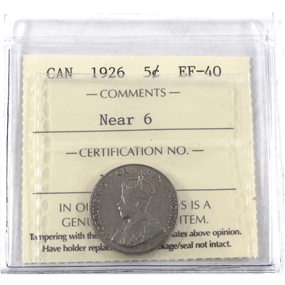 1926 Near 6 Canada 5-cents ICCS Certified EF-40