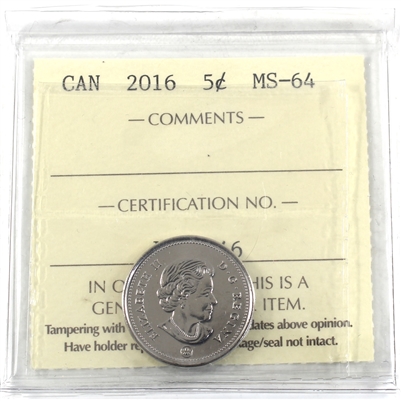 2016 Canada 5-cents ICCS Certified MS-64