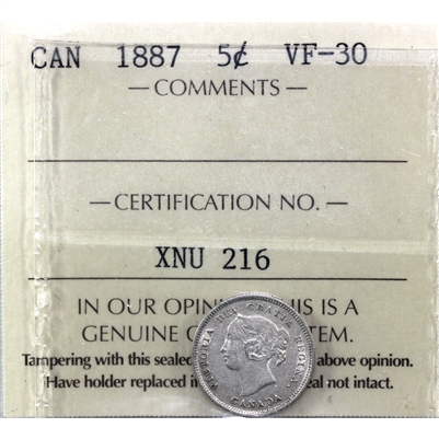1887 Canada 5-cents ICCS Certified VF-30 (XNU 216)