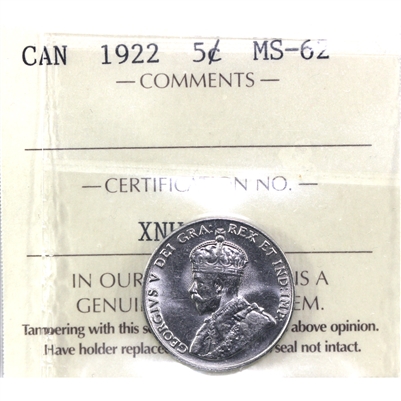 1922 Near Rim Canada 5-cents ICCS Certified MS-62 (XNU 244)