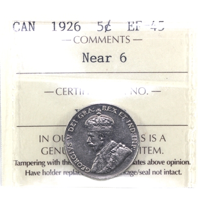 1926 Near 6 Canada 5-cents ICCS Certified EF-45 (XNU 250)