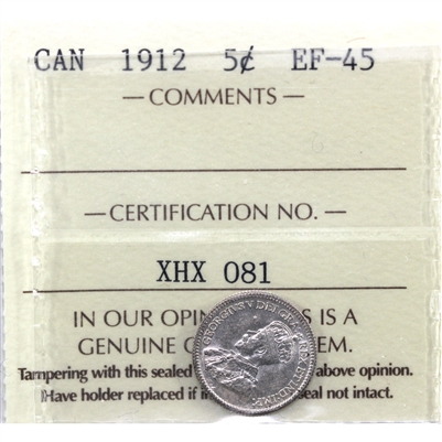 1912 Canada 5-cents ICCS Certified EF-45