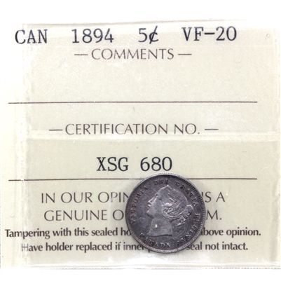 1894 Canada 5-cents ICCS Certified VF-20 (XSG 680)