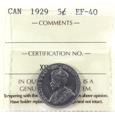 1929 Canada 5-cents ICCS Certified EF-40