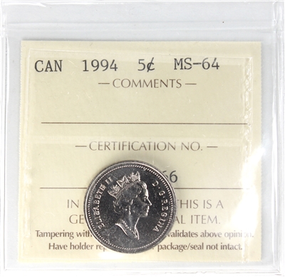 1994 Canada 5-cents ICCS Certified MS-64