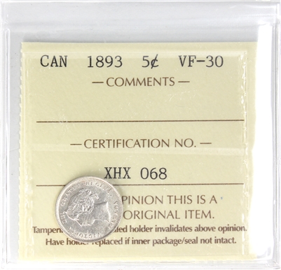 1893 Canada 5-cents ICCS Certified VF-30