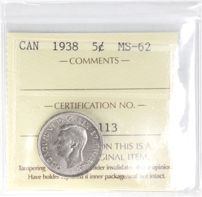 1938 Canada 5-cents ICCS Certified MS-62 (XHX 113)