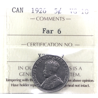 1926 Far 6 Canada 5-cents ICCS Certified VG-10