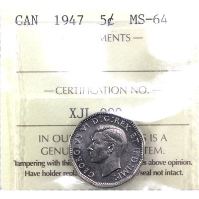 1947 Canada 5-cents ICCS Certified MS-64