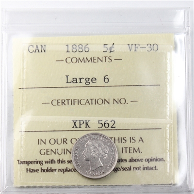 1886 Large 6 Canada 5-cents ICCS Certified VF-30